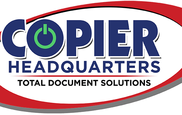 Logo for Copier Headquarters with the slogan Total Document Solutions. The word COPIER is large, with the O resembling a green power button, surrounded by a red oval outline.
