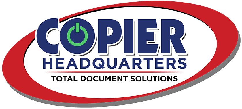 Logo for Copier Headquarters with the slogan Total Document Solutions. The word COPIER is large, with the O resembling a green power button, surrounded by a red oval outline.