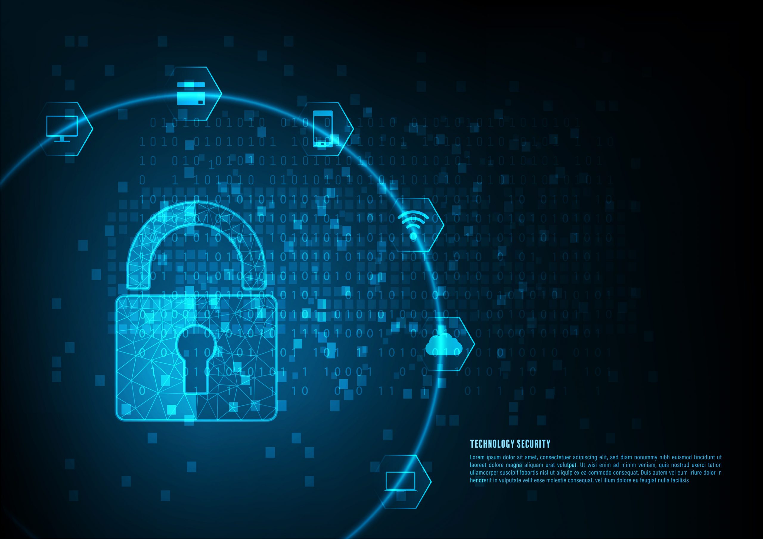 A digital illustration of a padlock surrounded by technology icons, binary code, and a glowing circular line, representing cybersecurity and the need to protect intellectual property in modern document management systems. The dark background features blue light effects and network elements.