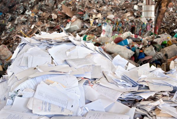A large pile of scattered papers and documents sits in front of a heap of mixed trash and debris at a landfill, highlighting the need to reduce paper consumption with eco-friendly tips like creating a paperless office.