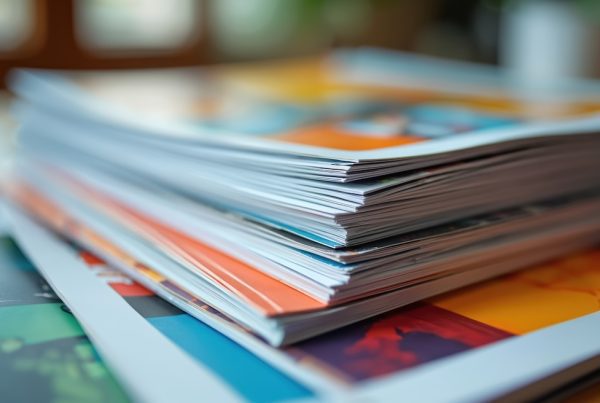 A close-up of several colorful magazines or booklets, freshly finished from printing, stacked on top of each other on a table, with a blurred background.