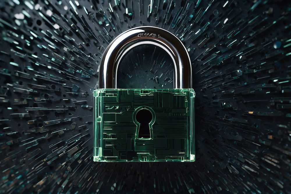 A digital padlock with a circuit-like design is surrounded by abstract, radiating lines symbolizing data or information, evoking concepts such as cybersecurity or data protection and highlighting the importance of cyber security tips.