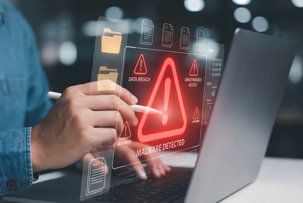 A person using a laptop with a digital display showing a red warning for Malware Detected and alerts for data breach and unauthorized access, highlighting the importance of cyber security against evolving online threats.