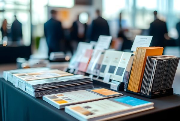 A display table featuring print marketing materials such as brochures, pamphlets, and sample folders at a conference or professional event, with people in suits conversing in the blurred background.