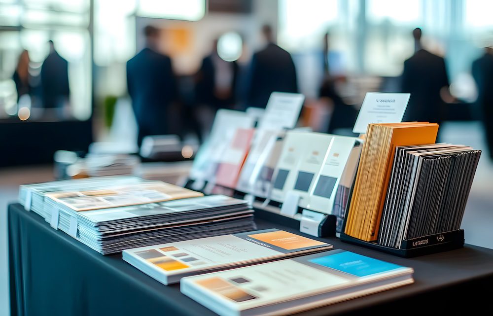 A display table featuring print marketing materials such as brochures, pamphlets, and sample folders at a conference or professional event, with people in suits conversing in the blurred background.
