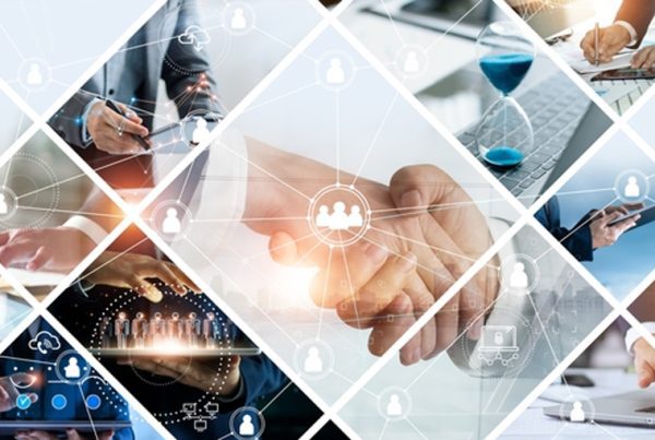 A collage of business-themed images, including people shaking hands, using digital devices, and networking icons, symbolizing teamwork and partnership in a digital era—perfect for showcasing how Managed IT Services can boost your business in 2022.
