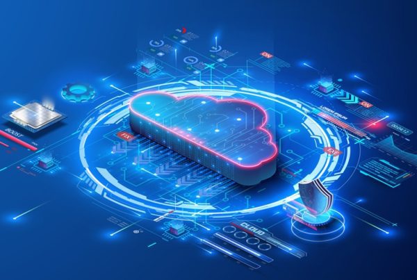 A glowing 3D cloud icon surrounded by digital symbols, circuit lines, and technology elements on a blue background, representing cloud-based cybersecurity, data storage, and best practices in a futuristic, digital environment.