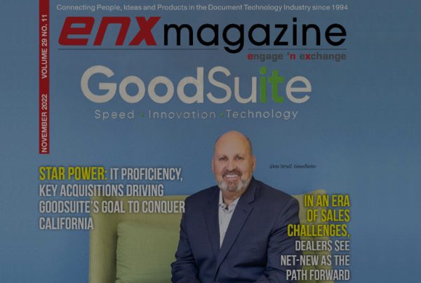 Cover of enx magazine featuring Dan Strull of GoodSuite, smiling in a suit. Headlines highlight IT proficiency, acquisitions, and challenges for dealers in the IT industry. The magazine issue is from November 2022.