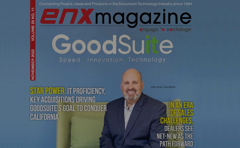 Cover of enx magazine featuring Dan Strull of GoodSuite, smiling in a suit. Headlines highlight IT proficiency, acquisitions, and challenges for dealers in the IT industry. The magazine issue is from November 2022.