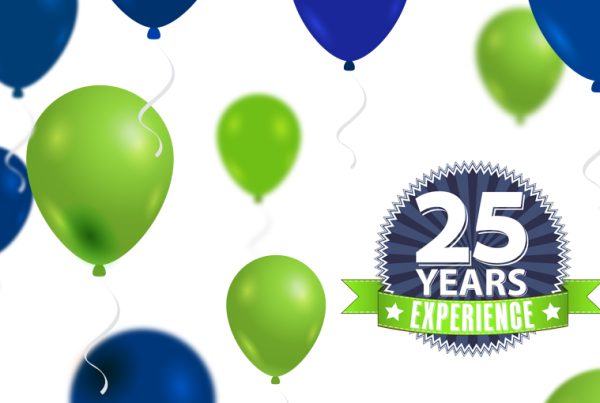Green and blue balloons float on a white background. On the right, a badge reads “25 Years GoodSuite Anniversary,” with “Experience” highlighted on a green banner.