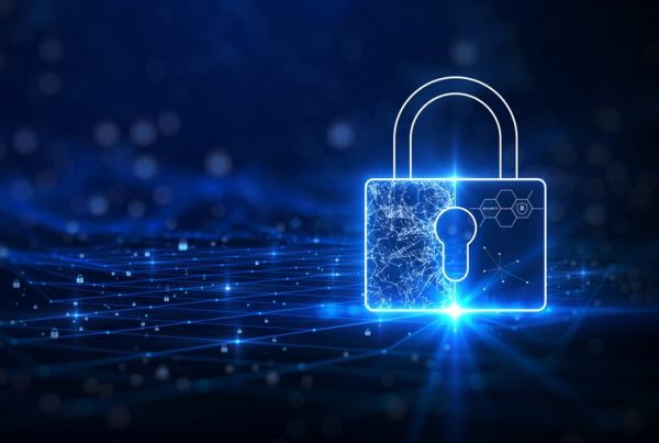 A glowing digital padlock hovers over a dark blue grid filled with small padlock icons, symbolizing upgraded cybersecurity and the benefits of enhanced data protection in a digital network environment.