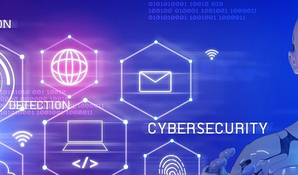 A robotic figure touches a digital interface with icons and words like ENCRYPTION and CYBERSECURITY, symbolizing technology and online security in a futuristic setting—perfect for illustrating essential cybersecurity tips for business.