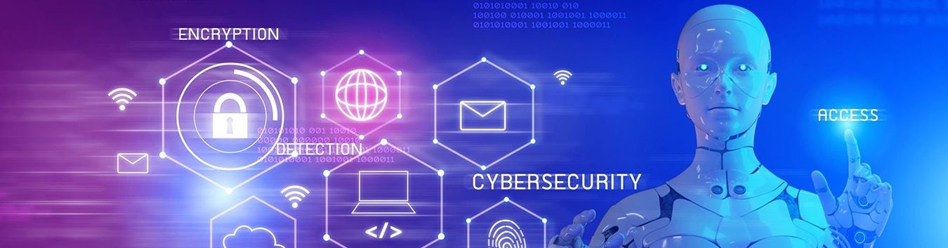 A robotic figure touches a digital interface with icons and words like ENCRYPTION and CYBERSECURITY, symbolizing technology and online security in a futuristic setting—perfect for illustrating essential cybersecurity tips for business.