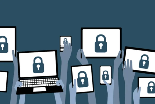 Illustration of multiple hands holding up devices—laptops, tablets, and smartphones—all displaying padlock icons, symbolizing tech safety and digital security during an office move.