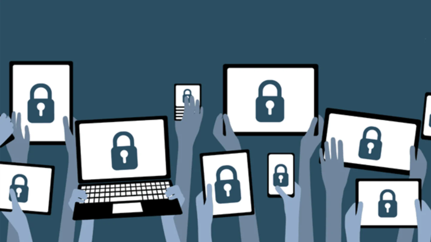 Illustration of multiple hands holding up devices—laptops, tablets, and smartphones—all displaying padlock icons, symbolizing tech safety and digital security during an office move.