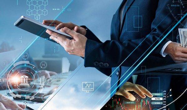 Business professionals working with digital devices and cash, surrounded by financial and technology-themed graphics, symbolizing finance, digital transformation, innovation, and the value of Managed IT Services in a corporate environment.