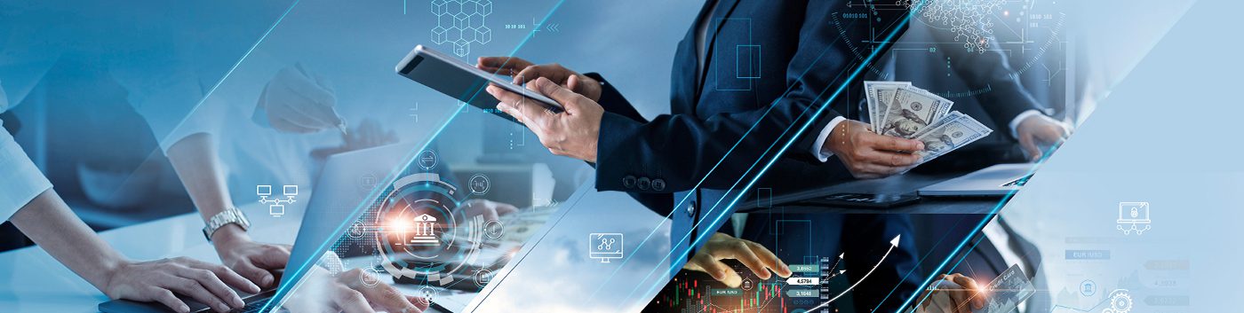 Business professionals working with digital devices and cash, surrounded by financial and technology-themed graphics, symbolizing finance, digital transformation, innovation, and the value of Managed IT Services in a corporate environment.