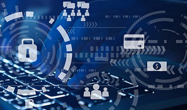 A hand typing on a laptop keyboard with digital security icons, such as a padlock, shield, and credit card, overlaid to represent cybersecurity and business security.