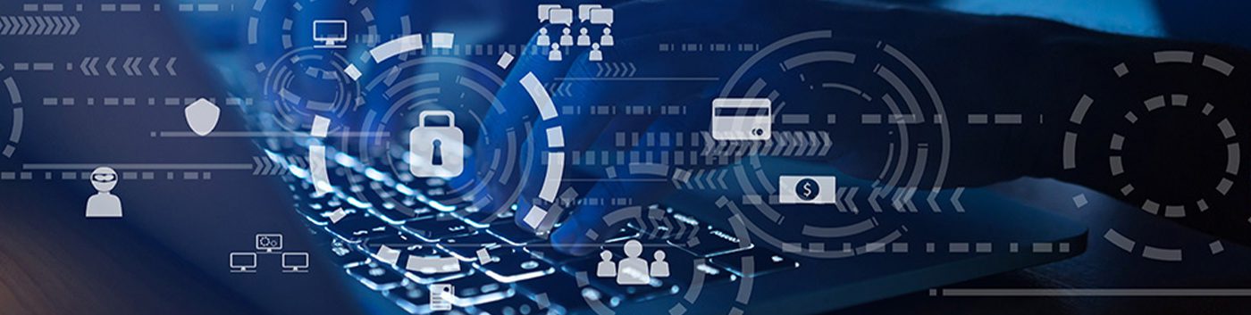 A hand typing on a laptop keyboard with digital security icons, such as a padlock, shield, and credit card, overlaid to represent cybersecurity and business security.
