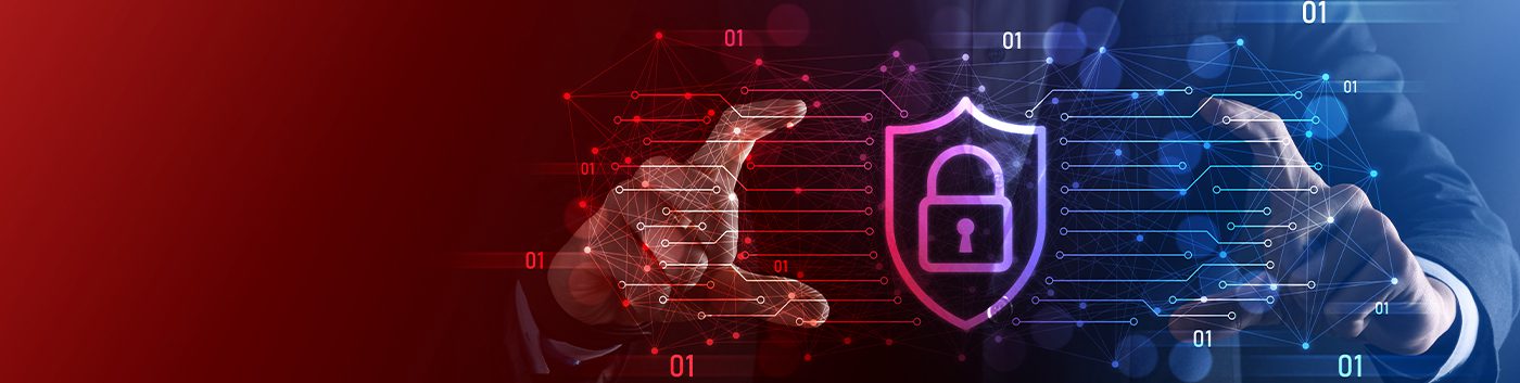 A person’s hands frame a glowing digital shield with a padlock icon, symbolizing small business cyber security. Blue and red binary code and network lines surround the shield, highlighting efforts to protect small businesses from cyber attacks.