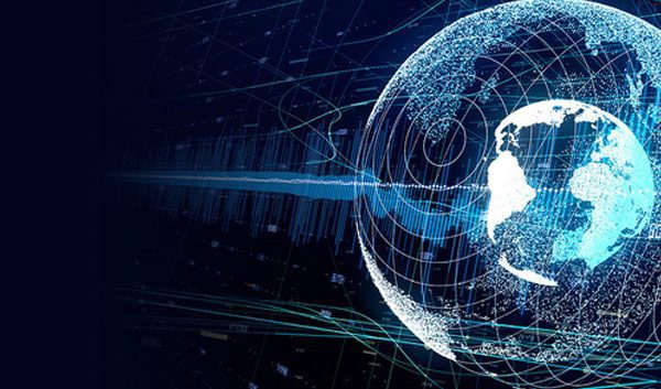 Digital illustration of Earth surrounded by glowing blue lines and data graphs on a dark background, symbolizing global technology, connectivity, and digital information exchange for small businesses and online safety.
