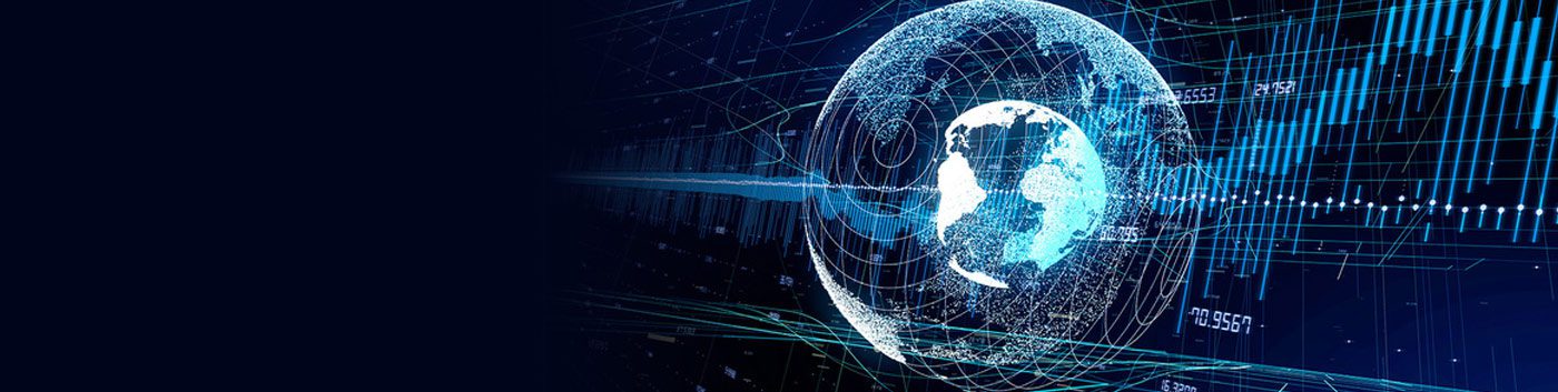 Digital illustration of Earth surrounded by glowing blue lines and data graphs on a dark background, symbolizing global technology, connectivity, and digital information exchange for small businesses and online safety.