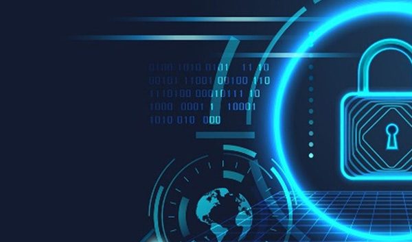 A glowing digital padlock surrounded by blue circular graphics, data symbols, and grid lines, representing cybersecurity for business and robust data protection on a dark background.