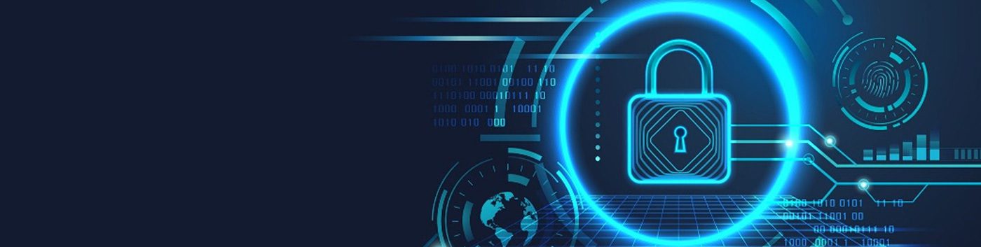 A glowing digital padlock surrounded by blue circular graphics, data symbols, and grid lines, representing cybersecurity for business and robust data protection on a dark background.