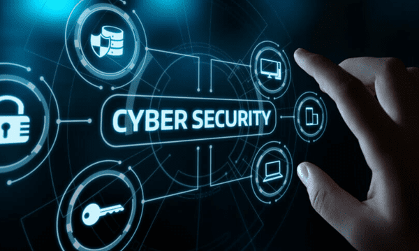A hand interacts with a digital interface displaying cybersecurity icons, highlighting key 2024 cybersecurity trends and the words CYBER SECURITY illuminated in the center, emphasizing business safety in the digital landscape.