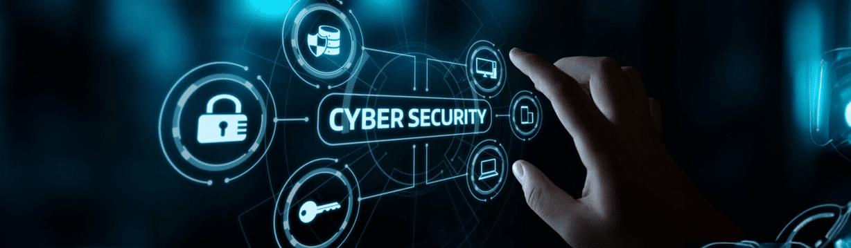 A hand interacts with a digital interface displaying cybersecurity icons, highlighting key 2024 cybersecurity trends and the words CYBER SECURITY illuminated in the center, emphasizing business safety in the digital landscape.