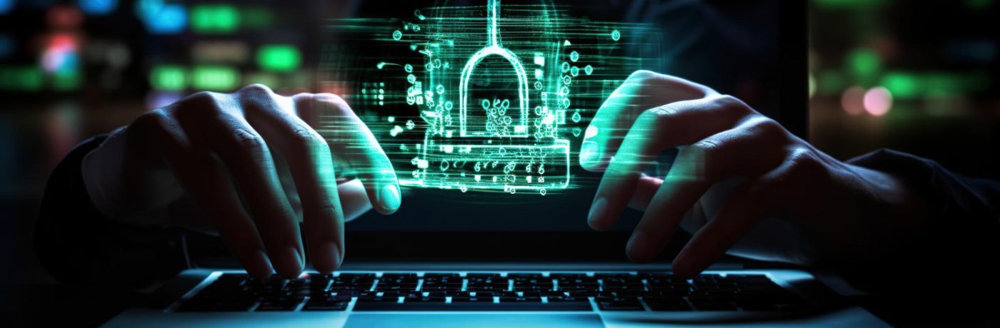 Hands typing on a laptop keyboard with a glowing digital padlock hologram hovering above, representing cybersecurity basics and data protection concepts.