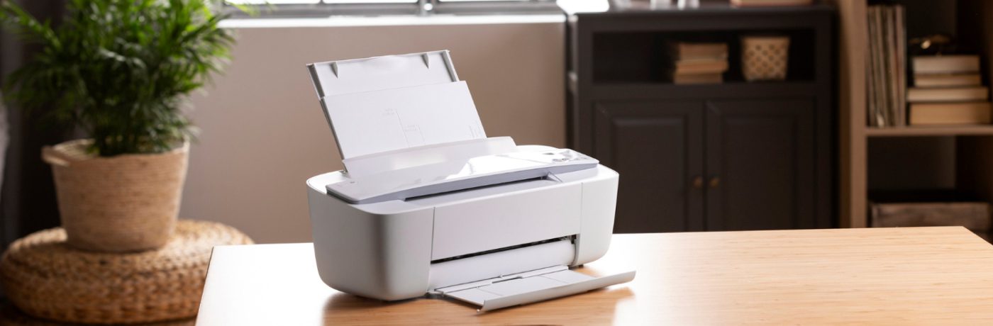 A white office printer sits on a wooden desk in a home office setting, with paper loaded in the tray. A plant and a cabinet with books and decor are visible in the softly lit background—ideal for those seeking the best printers for offices.