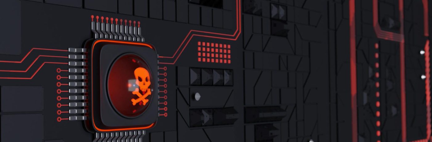A black computer motherboard with red circuitry features a prominent microchip displaying a glowing red skull and crossbones symbol, highlighting the importance of ransomware protection and vigilance against cybersecurity threats or malware.