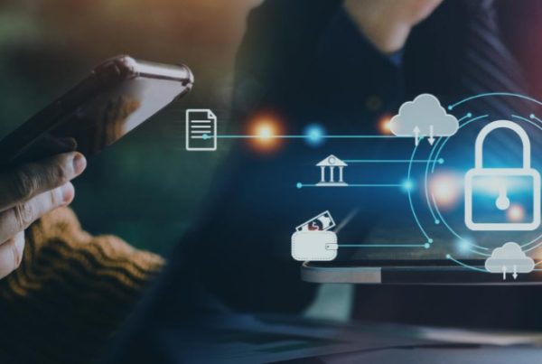 Two people using a smartphone and a tablet, with a digital overlay showing a padlock and icons representing employee education, cybersecurity, cloud storage, banking, shopping, and data protection for enhanced online safety.