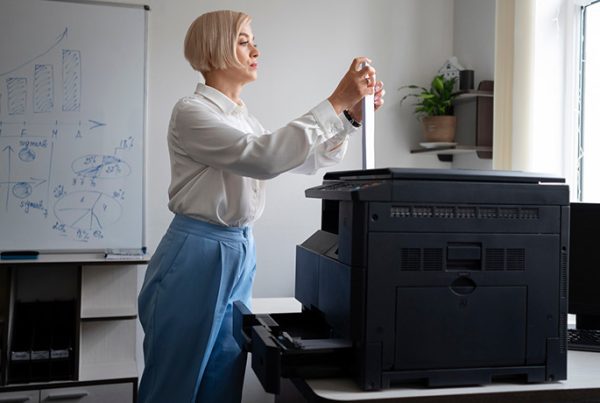A woman stands beside a large-scale business printer in an office, holding a sheet of paper. Behind her, there’s a whiteboard with charts and diagrams, shelves with books, and a window letting in natural light.