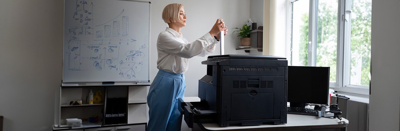 A woman stands beside a large-scale business printer in an office, holding a sheet of paper. Behind her, there’s a whiteboard with charts and diagrams, shelves with books, and a window letting in natural light.
