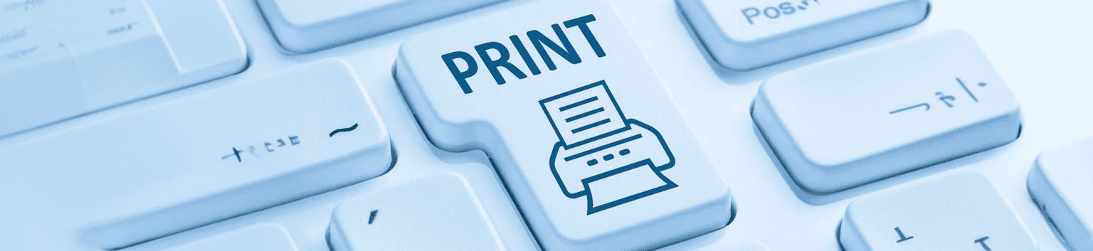 Close-up of a computer keyboard with a large white PRINT key, featuring a printer icon—highlighting the print function and the importance of efficient print management. Surrounding keys are visible but less prominent.