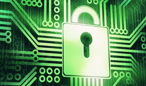 A glowing green padlock icon is centered on a digital circuit board background, symbolizing business security and data protection. Circuit lines radiate out from the lock, highlighting efforts to guard your business against cyber attacks.
