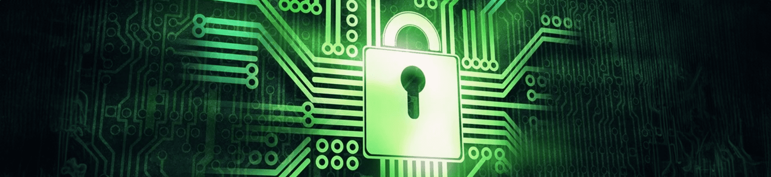 A glowing green padlock icon is centered on a digital circuit board background, symbolizing business security and data protection. Circuit lines radiate out from the lock, highlighting efforts to guard your business against cyber attacks.
