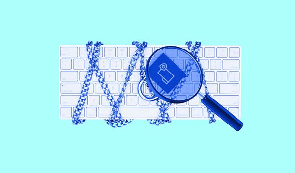 A blue magnifying glass zooms in on a bug icon above a computer keyboard, with digital binary code streams over the keys, symbolizing a thorough cybersecurity guide or in-depth software debugging analysis.