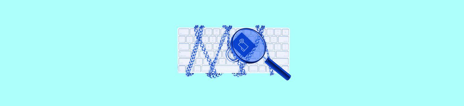 A blue magnifying glass zooms in on a bug icon above a computer keyboard, with digital binary code streams over the keys, symbolizing a thorough cybersecurity guide or in-depth software debugging analysis.
