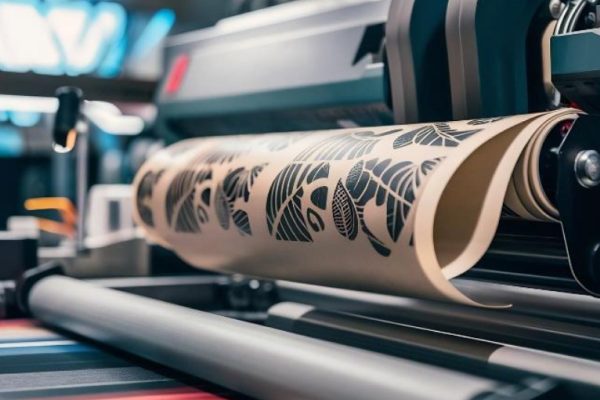 A close-up view of an industrial printing machine, equipped with a printing guide, printing a roll of material with a decorative black pattern in a modern, well-lit commercial printing facility.