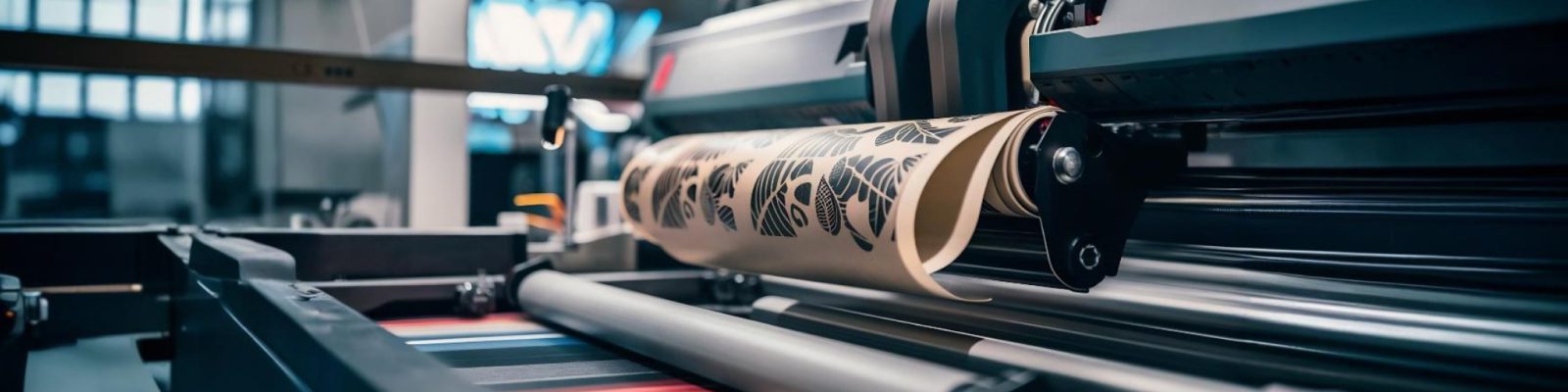 A close-up view of an industrial printing machine, equipped with a printing guide, printing a roll of material with a decorative black pattern in a modern, well-lit commercial printing facility.