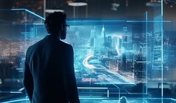 A person in a suit stands in a dark Los Angeles office, gazing at a glowing holographic cityscape with digital data displays, suggesting advanced technology, urban planning, and top-tier Managed IT Services.