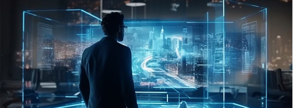 A person in a suit stands in a dark Los Angeles office, gazing at a glowing holographic cityscape with digital data displays, suggesting advanced technology, urban planning, and top-tier Managed IT Services.
