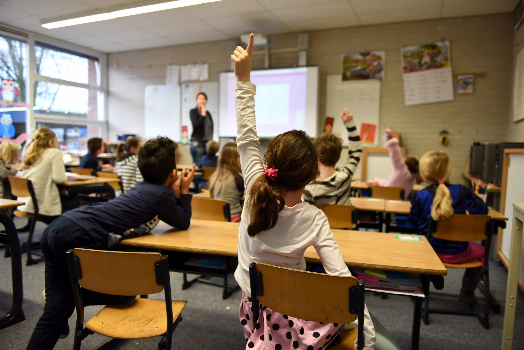 Children sit at desks in a bright, colorful classroom, facing a teacher at the front. Several students have their hands raised, while a GoodSuite-powered presentation is seamlessly projected on the whiteboard.