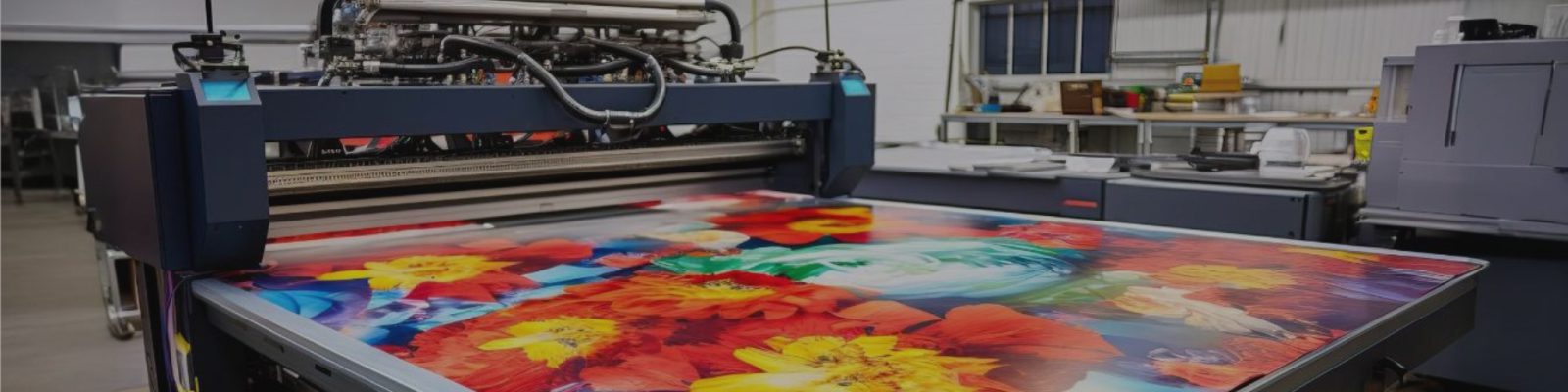 A large industrial printer creates a vibrant, colorful print featuring red, yellow, and orange flowers in a modern commercial printing shop, with shelves and equipment visible in the background—perfect for impactful print marketing.