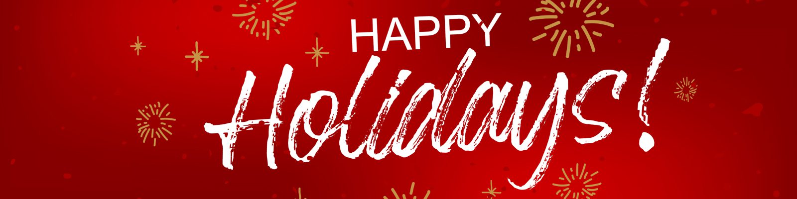 Red festive banner with white text that reads Happy Holidays! surrounded by gold fireworks and sparkles on a gradient red background, celebrating the season with GoodSuite’s cheerful touch.