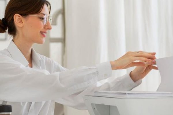 A woman wearing glasses and a white blouse sits at a desk, placing paper into a printer in a bright, modern office with plants—ideal for healthcare organizations looking to reduce printing costs.
