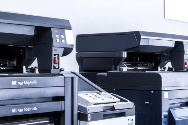 A row of modern 2025 office printers and copiers lines a white wall, each with open trays and control panels visible in the brightly lit room.